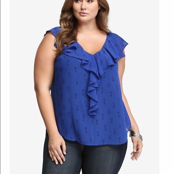 torrid Tops - Torrid Blue Chiffon Ruffled Blouse Keys
